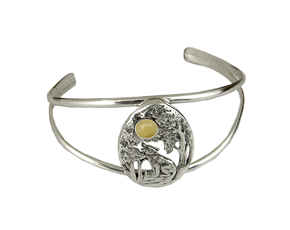 Sterling Silver Howling Wolf Cuff Bracelet With Yellow Aragonite
